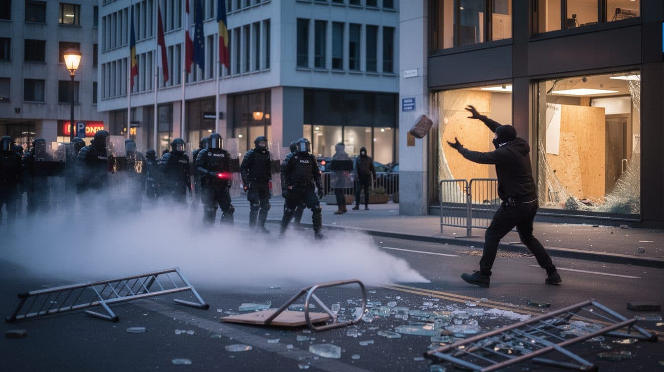 Protesta contra la cumbre del G7 en Ginebra se radicaliza: encapuchados lanzan adoquines y la policía responde con gas lacrimógeno
