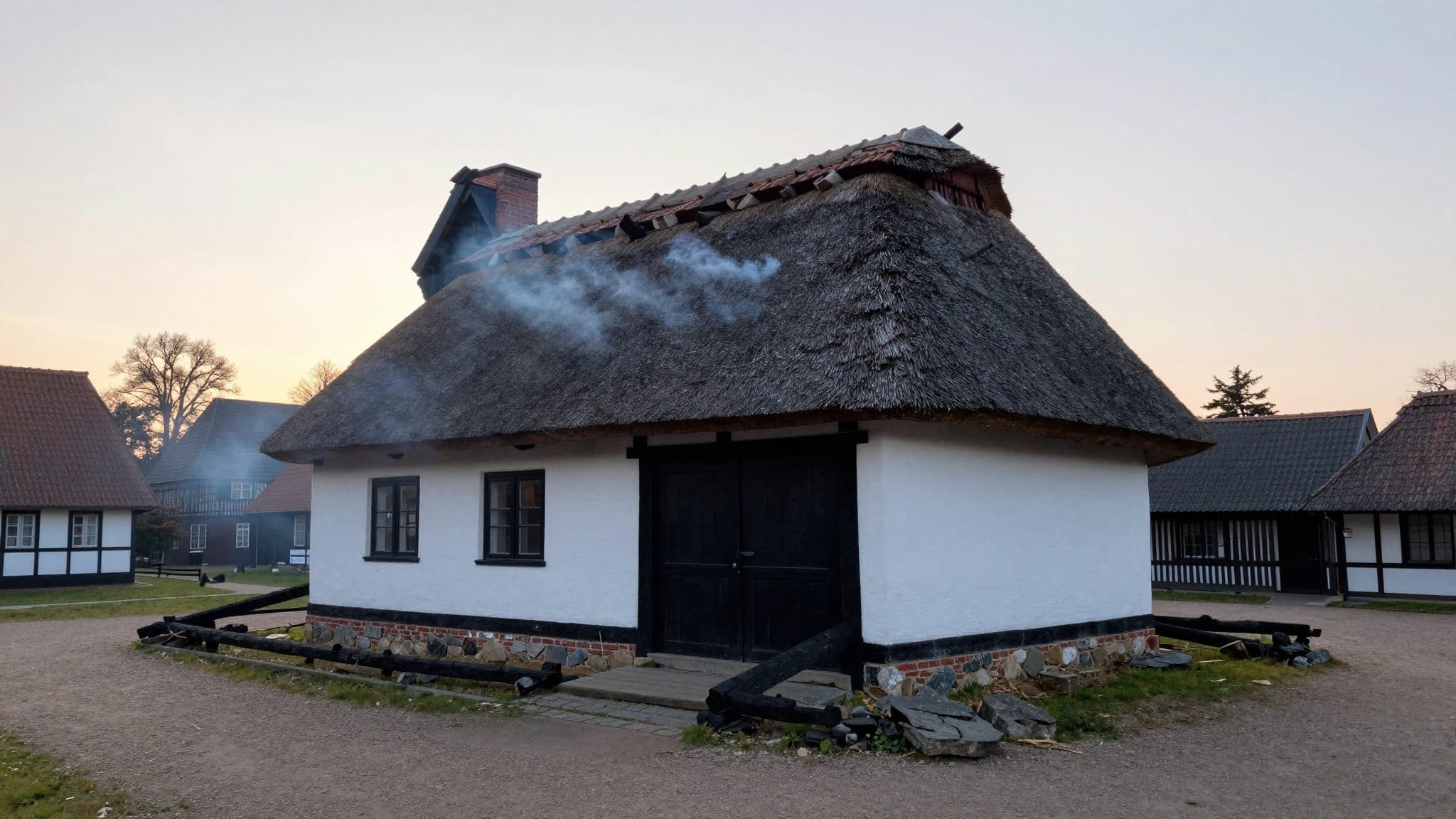 Casa histórica con techo de paja completamente destruida por incendio en el museo al aire libre de Molfsee