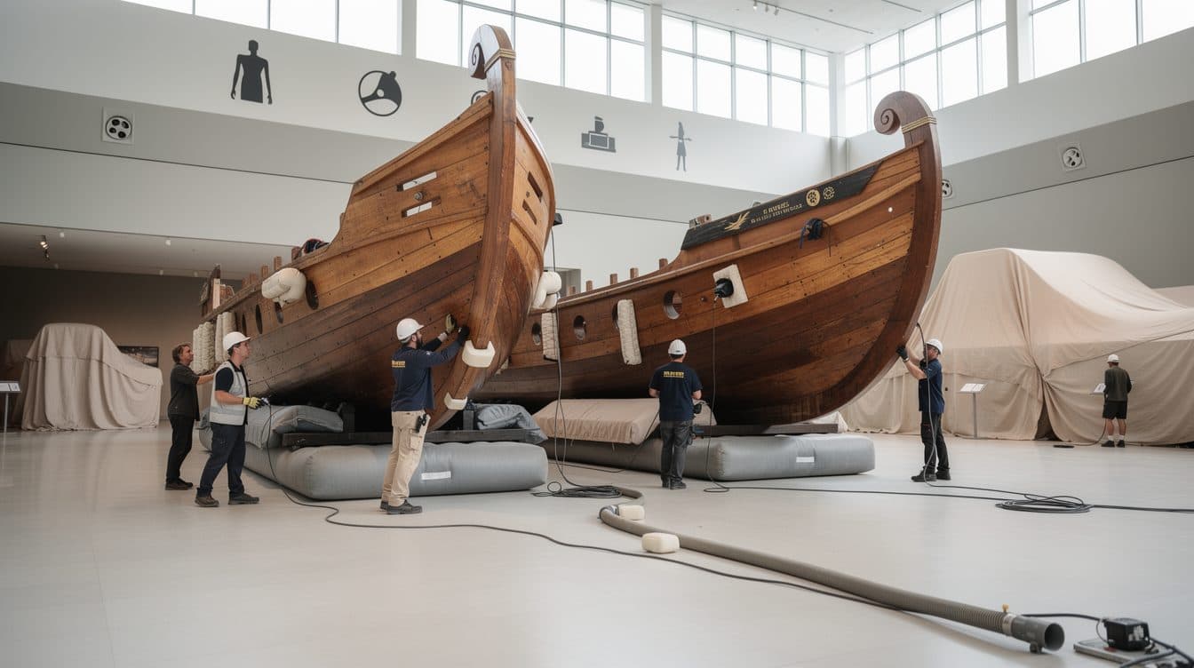 Réplicas de barcos romanos trasladadas al museo de Mainz con cojines de aire