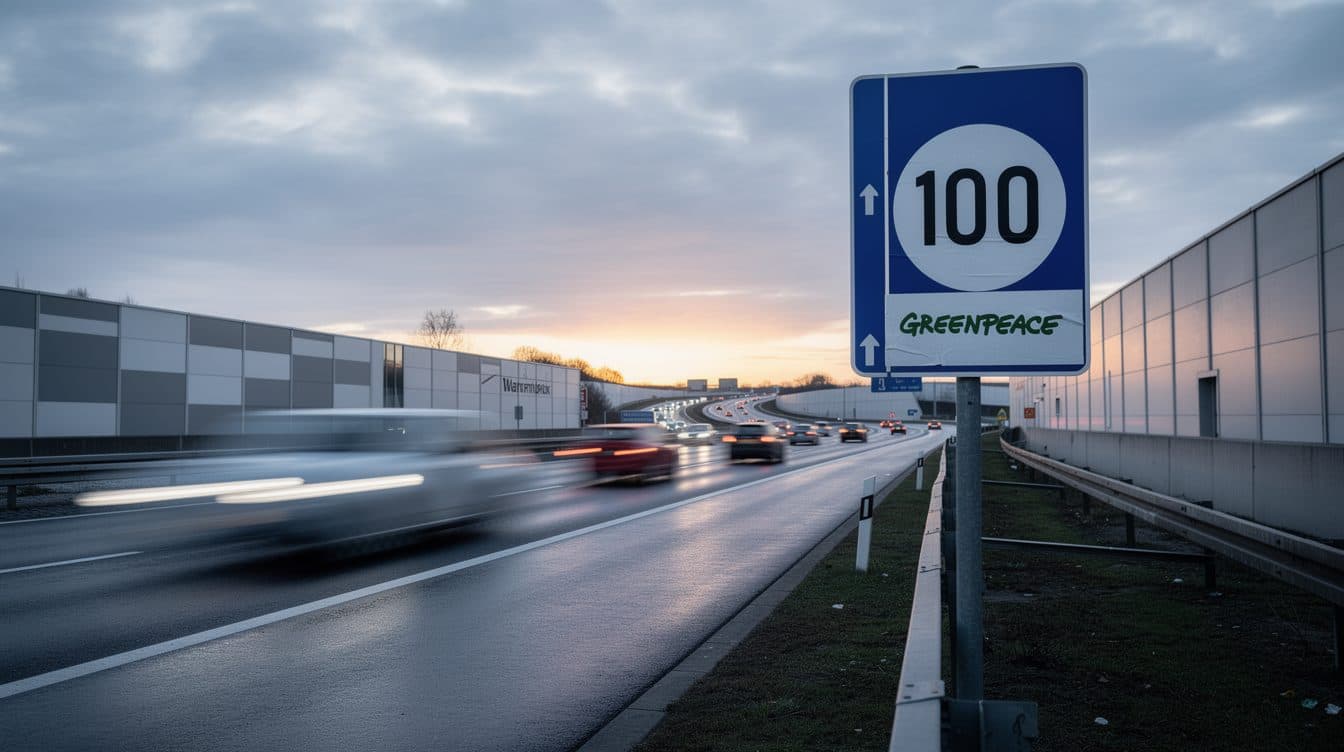 Activistas de Greenpeace cubren las señales de límite de velocidad en autopistas con pegatinas de 100 km/h
