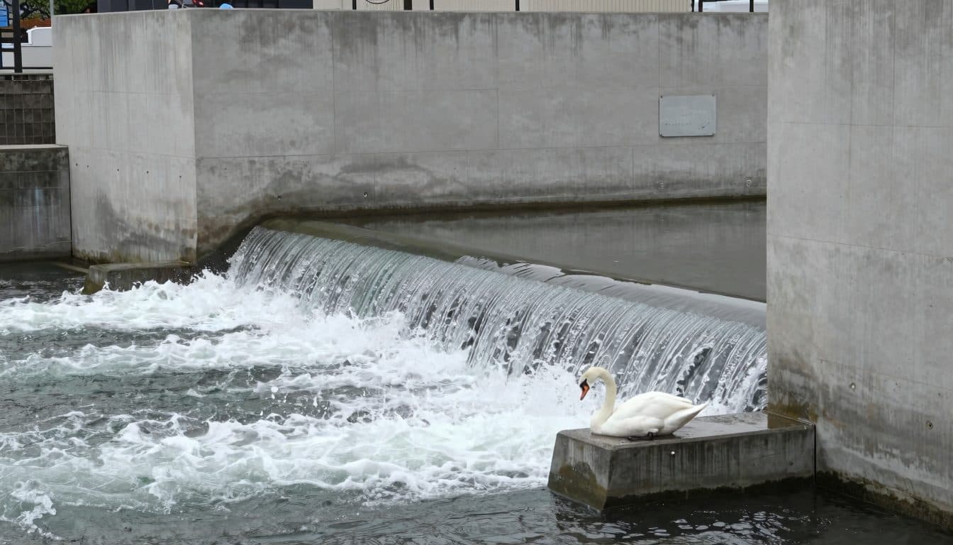 Cisne joven rescatado de una instalación de vertedero del Mühlbach en Wels