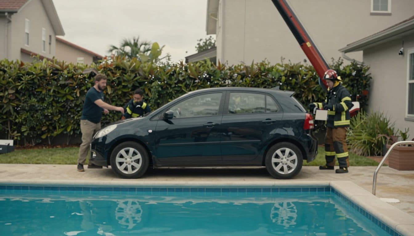 Coche rueda por un jardín hasta una piscina en Baja Austria