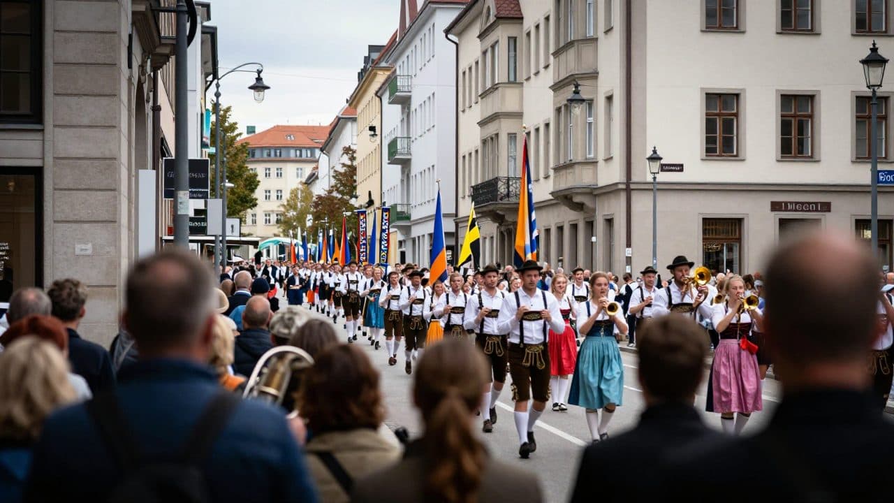 Miles de personas en traje tradicional marchan por Múnich hacia la Wiesn en el desfile de trajes y tiradores