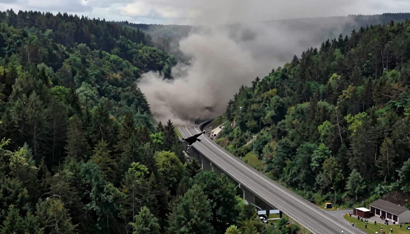 El viaducto de Ottfingen en la A45 derribado de forma controlada tras el fracaso de la primera voladura