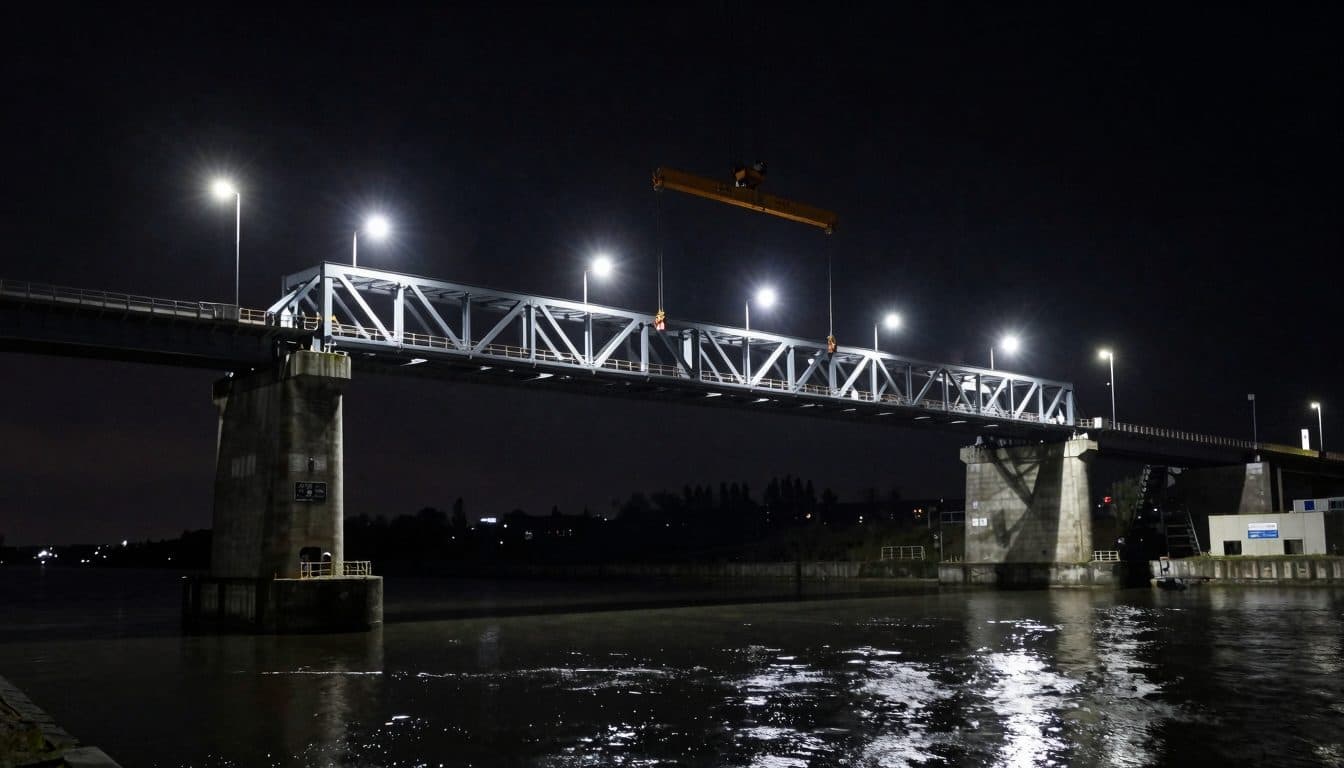 La sección central del nuevo puente elevado de Rader se eleva sobre el canal Kiel