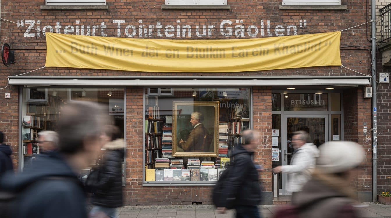 La librería «Golden Shop» responde a su exclusión del premio con citas de Weimer en la fachada