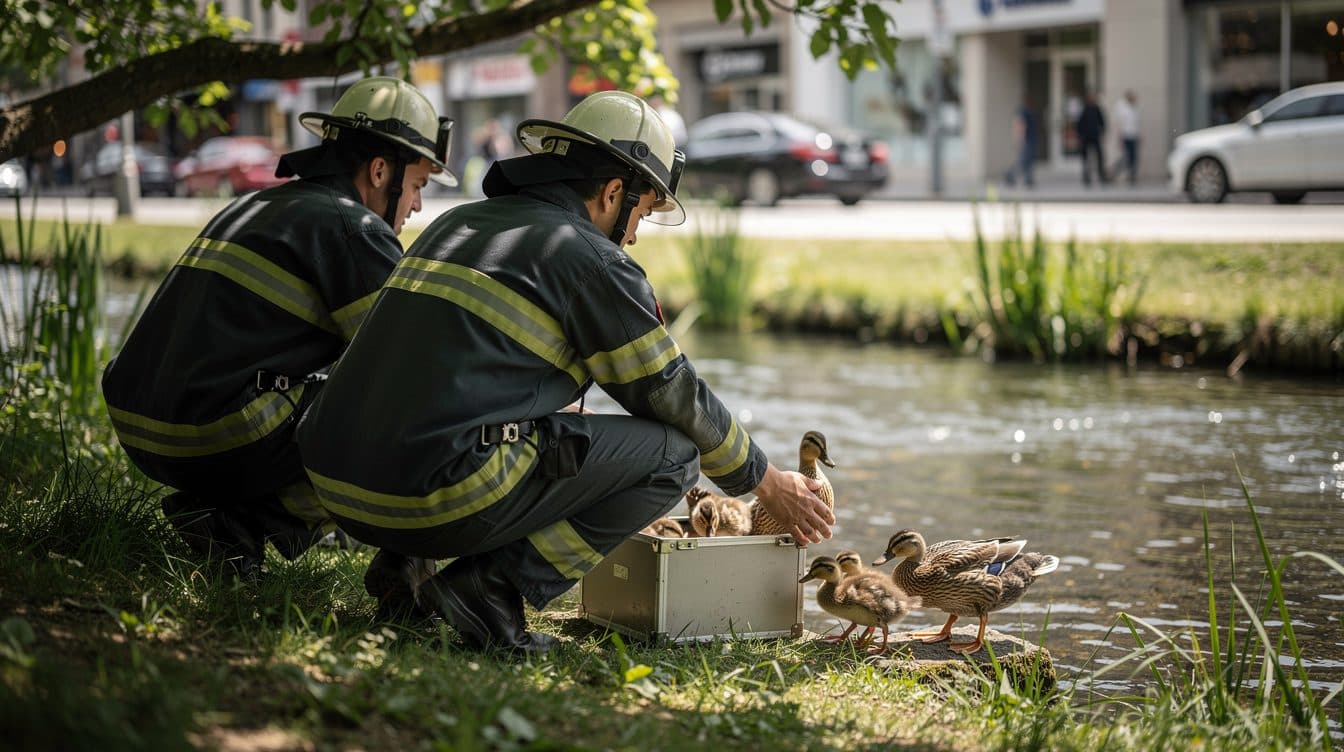 Rescate de patos en Mödling: los bomberos llevan a una familia al arroyo Mödling