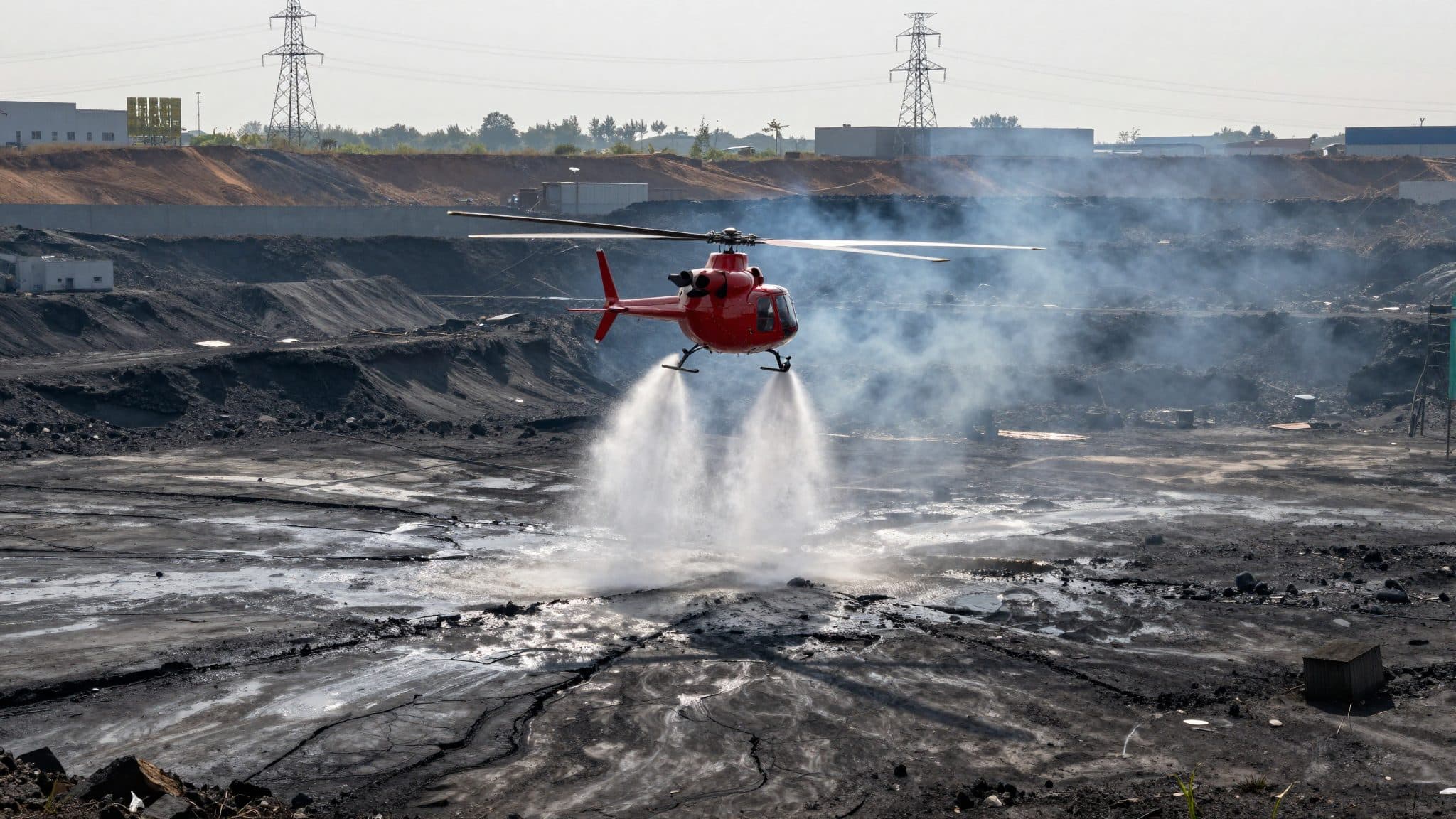 Helicóptero de extinción lucha contra un incendio latente en una antigua zona de minería a cielo abierto cerca de Meuselwitz